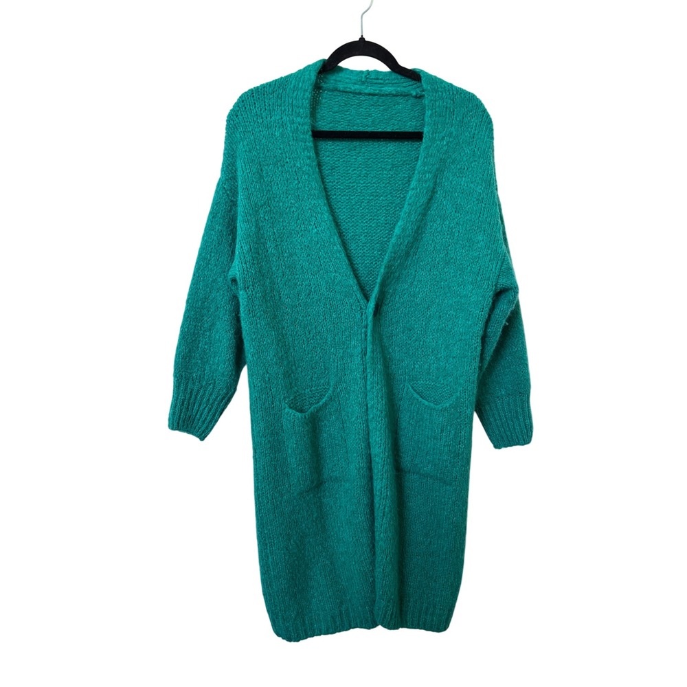 Made in Italy Mohair Wool Blend Longline Cardigan Emerald Green Teal One Size